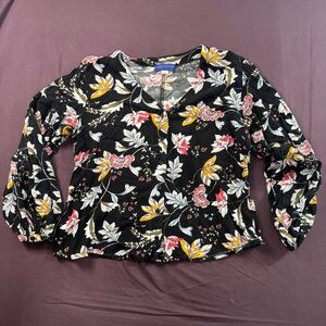 LOFT Black Floral V-Neck Button-Front Blouse